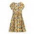 Women Short Sleeves Dress Fashion Sweet Floral Printing Large Swing Dress Casual Round Neck Pullover A line Skirt yellow 2XL