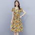 Women Short Sleeves Dress Fashion Sweet Floral Printing Large Swing Dress Casual Round Neck Pullover A line Skirt yellow 2XL
