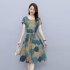 Women Short Sleeves Dress Fashion Sweet Floral Printing Large Swing Dress Casual Round Neck Pullover A line Skirt yellow 2XL