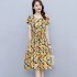 Women Short Sleeves Dress Fashion Sweet Floral Printing Large Swing Dress Casual Round Neck Pullover A line Skirt yellow 2XL