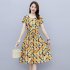 Women Short Sleeves Dress Fashion Sweet Floral Printing Large Swing Dress Casual Round Neck Pullover A line Skirt yellow 2XL