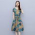 Women Short Sleeves Dress Fashion Sweet Floral Printing Large Swing Dress Casual Round Neck Pullover A line Skirt yellow 2XL