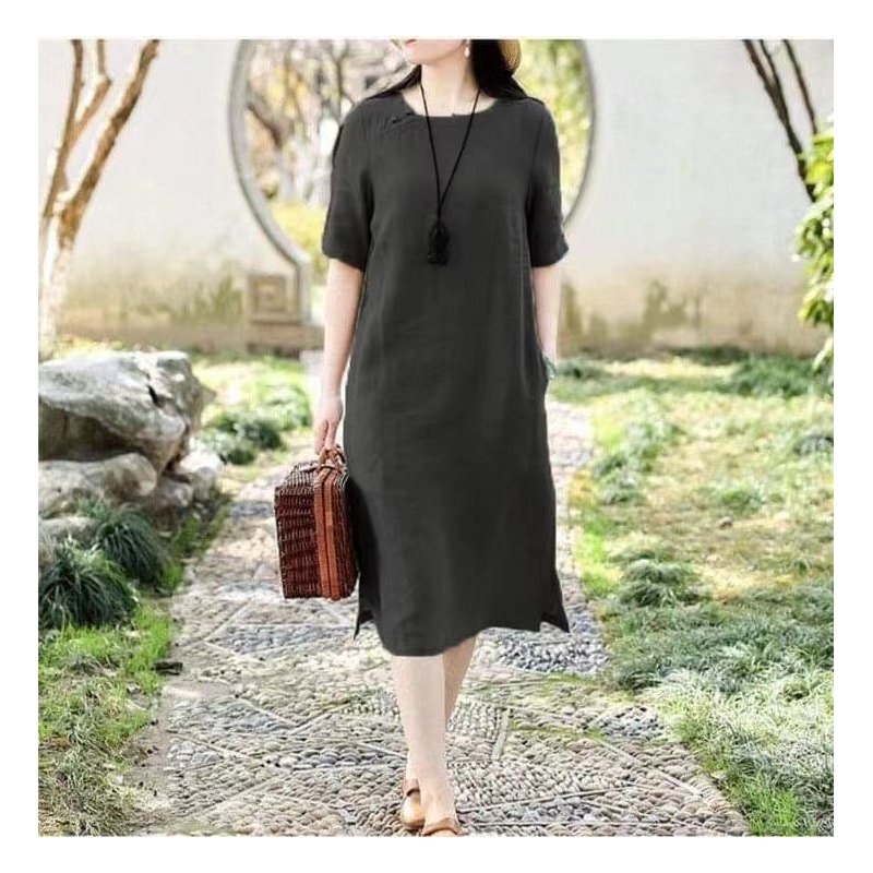 Women Short Sleeves Dress Fashion Chinese Style Cotton Linen Midi Skirt Loose Solid Color Round Neck Dress black 6XL