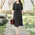 Women Short Sleeves Dress Fashion Chinese Style Cotton Linen Midi Skirt Loose Solid Color Round Neck Dress black 5XL