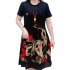 Women Short Sleeves Dress Fashion Loose Large Size Midi Skirt Retro Printing Round Neck Dress 312  Geometry L