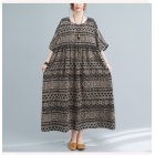 Women Short Sleeves Dress Summer Vintage Bohemian Printing Loose A-line Skirt Round Neck High Waist Midi Skirt As shown XXL
