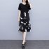 Women Short Sleeves Dress Summer Casual Plus Size Loose A line Skirt Fashion Printing Middle Waist Dress 2305 black XL