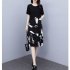 Women Short Sleeves Dress Summer Casual Plus Size Loose A line Skirt Fashion Printing Middle Waist Dress 2305 black XL