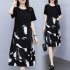 Women Short Sleeves Dress Summer Casual Plus Size Loose A line Skirt Fashion Printing Middle Waist Dress 2305 black XL