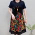 Women Short Sleeves Dress Fashion Loose Large Size Midi Skirt Retro Printing Round Neck Dress 312  Geometry 2XL