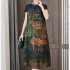 Women Short Sleeves Dress Retro Chinese Style Printing Large Size A line Skirt Casual High Waist Round Neck Midi Skirt L8884 M
