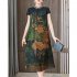 Women Short Sleeves Dress Retro Chinese Style Printing Large Size A line Skirt Casual High Waist Round Neck Midi Skirt L8884 M