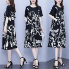 Women Short Sleeves Dress Summer Casual Plus Size Loose A-line Skirt Fashion Printing Middle Waist Dress Black #2306 L