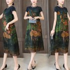 Women Short Sleeves Dress Retro Chinese Style Printing Large Size A-line Skirt Casual High Waist Round Neck Midi Skirt L8884 3XL