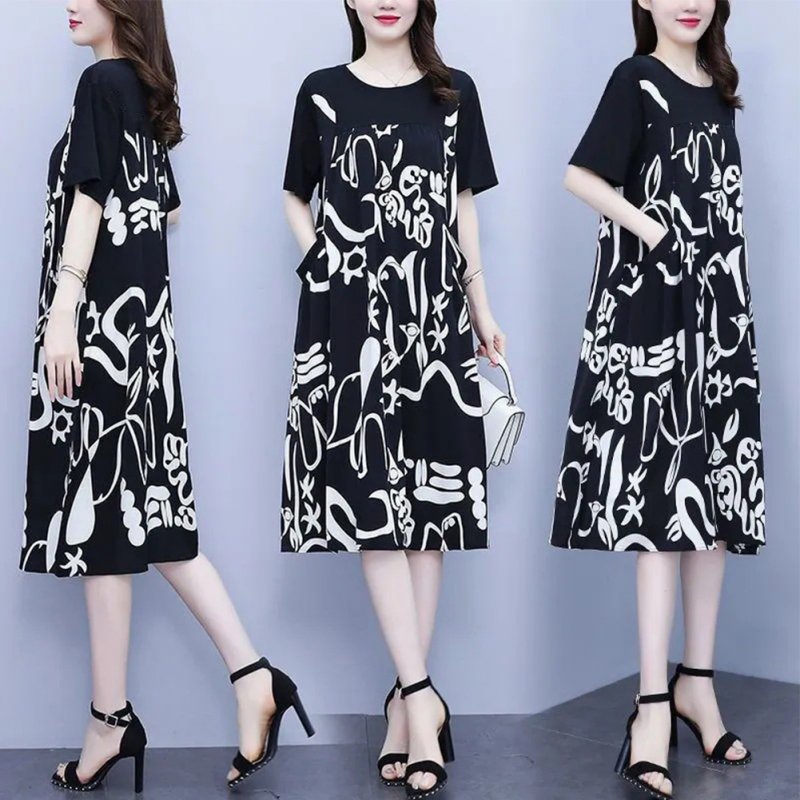 Women Short Sleeves Dress Summer Casual Plus Size Loose A-line Skirt Fashion Printing Middle Waist Dress Black #2306 2XL