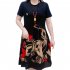 Women Short Sleeves Dress Fashion Loose Large Size Midi Skirt Retro Printing Round Neck Dress 312  Geometry 4XL