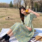 Women Short Sleeves Dress Sweet Daisy Floral Printing Puff Sleeves Mid-length Dress Casual Loose A-line Skirt As shown XL