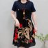 Women Short Sleeves Dress Fashion Loose Large Size Midi Skirt Retro Printing Round Neck Dress 312  Phoenix tail figure 5XL