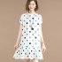 Women Short Sleeves Dress Stylish Polka Dot Printing Ruffled A line Skirt Sweet Stand Collar Loose Dress White M
