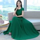 Women Short Sleeves Dress Summer Ice Silk Round Neck Pullover A-line Skirt Casual Simple Solid Color Midi Skirt green XXXL