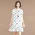 Women Short Sleeves Dress Stylish Polka Dot Printing Ruffled A line Skirt Sweet Stand Collar Loose Dress White XL