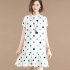 Women Short Sleeves Dress Stylish Polka Dot Printing Ruffled A line Skirt Sweet Stand Collar Loose Dress White XL