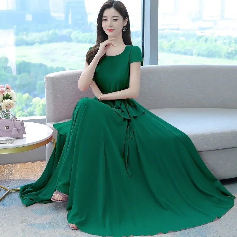 Women Short Sleeves Dress Summer Ice Silk Round Neck Pullover A-line Skirt Casual Simple Solid Color Midi Skirt green L