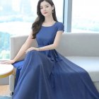 Women Short Sleeves Dress Summer Ice Silk Round Neck Pullover A-line Skirt Casual Simple Solid Color Midi Skirt blue XXXL