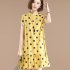 Women Short Sleeves Dress Stylish Polka Dot Printing Ruffled A line Skirt Sweet Stand Collar Loose Dress yellow XL
