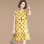 Women Short Sleeves Dress Stylish Polka Dot Printing Ruffled A line Skirt Sweet Stand Collar Loose Dress yellow XL