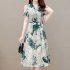 Women Short Sleeves Dress Fashion V Neck Summer Sweet Floral Printing Dress High Waist Lace up A line Skirt green XL