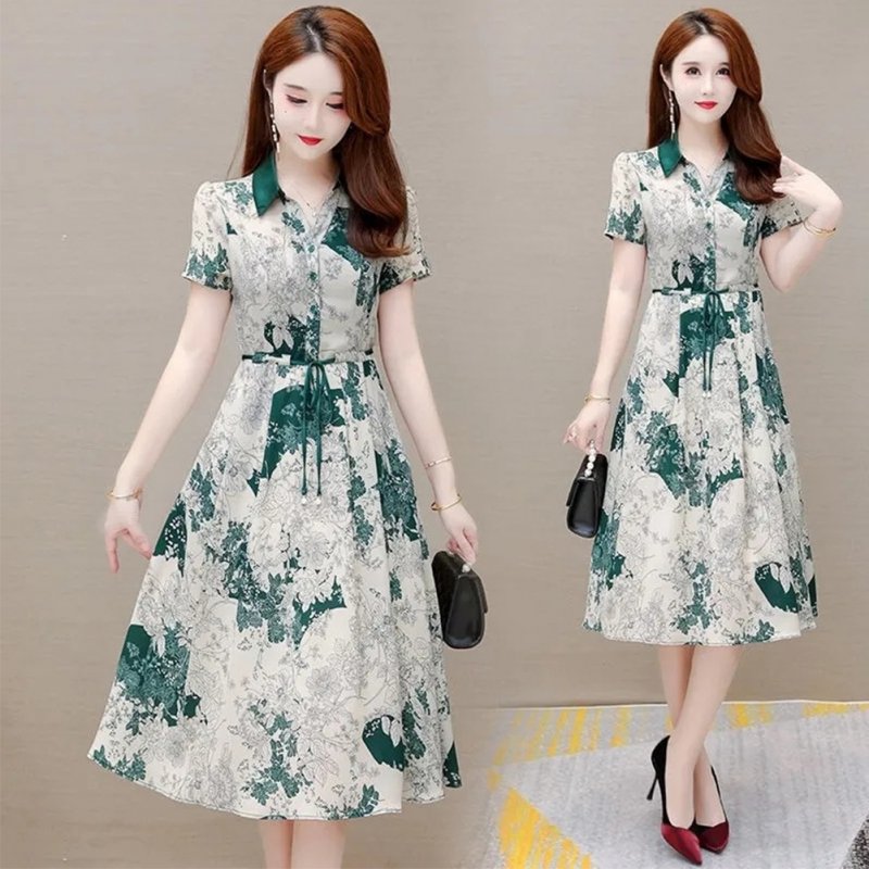 Women Short Sleeves Dress Fashion V Neck Summer Sweet Floral Printing Dress High Waist Lace-up A-line Skirt green XL