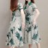 Women Short Sleeves Dress Fashion V Neck Summer Sweet Floral Printing Dress High Waist Lace up A line Skirt green XL