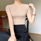 Women Short Sleeves Knitted Blouse Elegant Round Neck Hollow-out Slim Fit Shirt Simple Solid Color Tops apricot One size