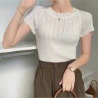 Women Short Sleeves Knitted Blouse Elegant Round Neck Hollow-out Slim Fit Shirt Simple Solid Color Tops White One size