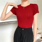 Women Short Sleeves Knitted Blouse Elegant Round Neck Hollow-out Slim Fit Shirt Simple Solid Color Tops wine red One size
