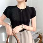 Women Short Sleeves Knitted Blouse Elegant Round Neck Hollow-out Slim Fit Shirt Simple Solid Color Tops black One size