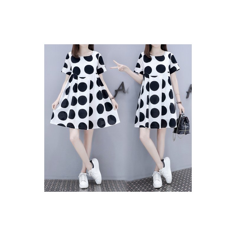 Women Short Sleeves Maternity Dress Fashion Polka Dot Printing Round Neck A-line Skirt Loose Casual Large Size Dress White XL