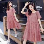 Women Short Sleeves Maternity Dress Elegant Plaid Printing Dress Loose Large Size Casual Pullover A-line Skirt red XL