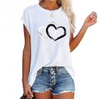 Women Short Sleeves Shirt Summer Round Neck Pullover Tops Loose Casual Heart-shape Printing Blouse White L