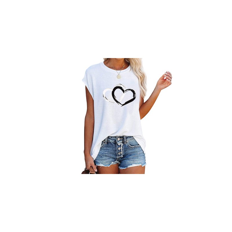 Women Short Sleeves Shirt Summer Round Neck Pullover Tops Loose Casual Heart-shape Printing Blouse White L