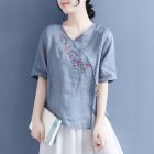 Women Short Sleeves T-shirt Retro Floral Embroidery Cotton Linen Blouse Summer Loose Casual Pullover Tops blue XL