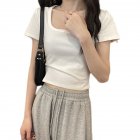 Women Short Sleeves T-shirt Fashion Square Collar High Waist Crop Top Elegant Slim Fit Simple Solid Color Blouse White M