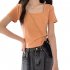 Women Short Sleeves T shirt Fashion Square Collar High Waist Crop Top Elegant Slim Fit Simple Solid Color Blouse orange XXL