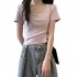 Women Short Sleeves T shirt Fashion Square Collar High Waist Crop Top Elegant Slim Fit Simple Solid Color Blouse orange XXL