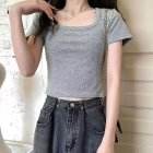 Women Short Sleeves T-shirt Fashion Square Collar High Waist Crop Top Elegant Slim Fit Simple Solid Color Blouse light gray M