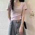 Women Short Sleeves T shirt Fashion Square Collar High Waist Crop Top Elegant Slim Fit Simple Solid Color Blouse orange XXL