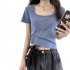 Women Short Sleeves T shirt Fashion Square Collar High Waist Crop Top Elegant Slim Fit Simple Solid Color Blouse orange XXL
