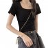Women Short Sleeves T shirt Fashion Square Collar High Waist Crop Top Elegant Slim Fit Simple Solid Color Blouse orange XXL