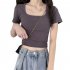 Women Short Sleeves T shirt Fashion Square Collar High Waist Crop Top Elegant Slim Fit Simple Solid Color Blouse orange XXL